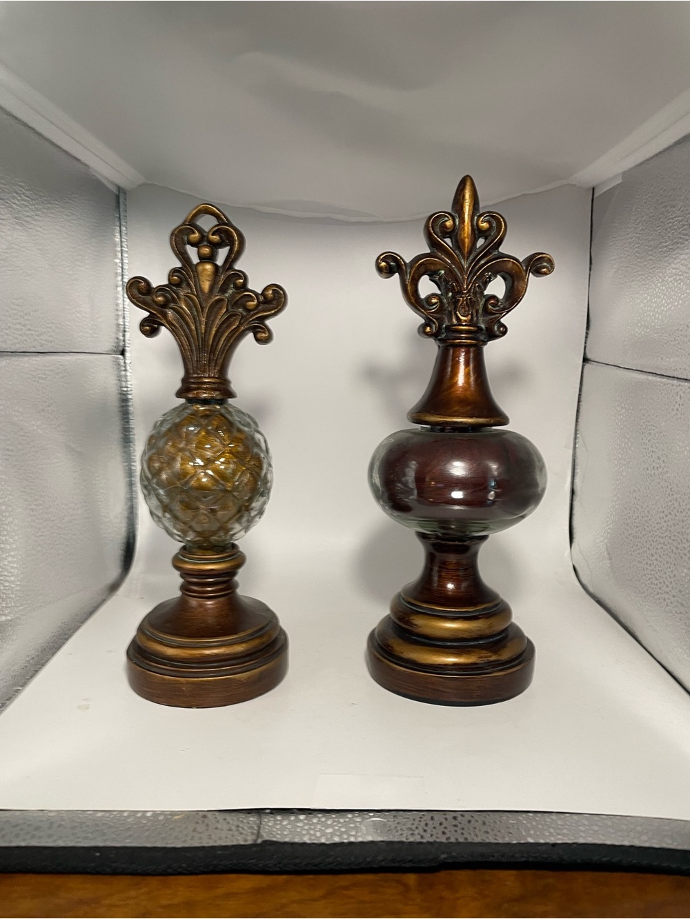 Set of 2 Fleur-de-Lis Figurines Metal & Glass Antique Brass Brown Gold 11"